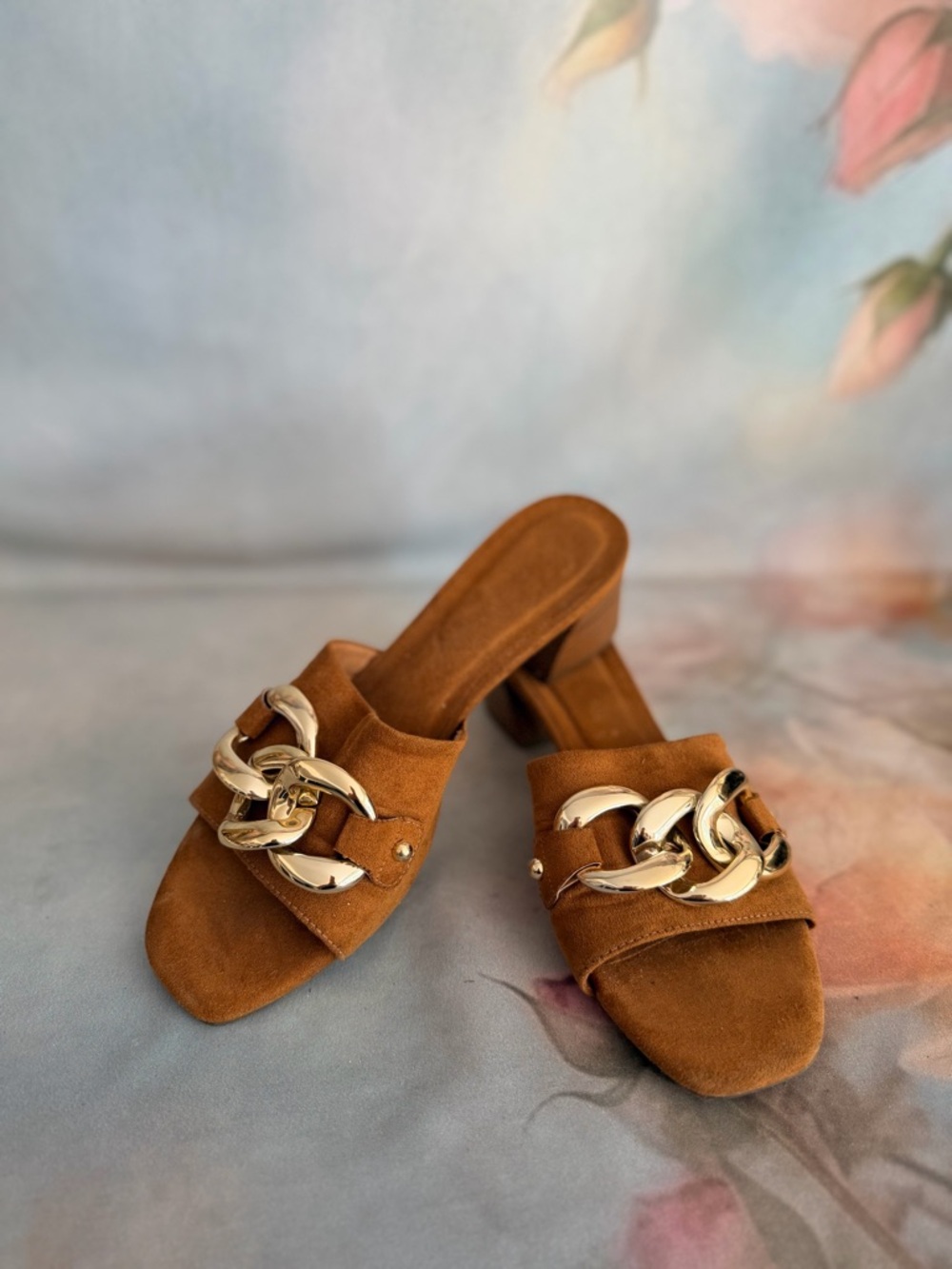 Anne Klein Brown Suede Slide Mules with Gold Chain